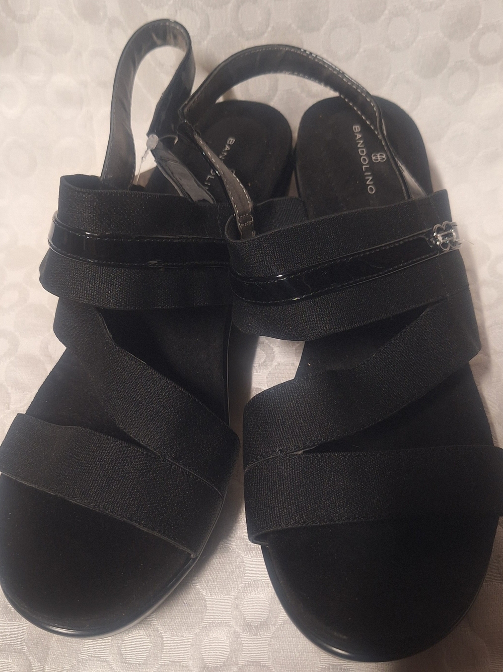 Bandolino Black Strappy Wedge Sandals, Chrome Metallic Heel
